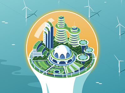 Capital Thinking Magazine Cover city clean energy future green isometric ocean power solar wind