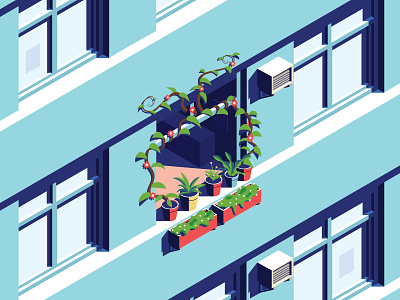 Island in a concrete ocean building eco flats green greenery isometric plants