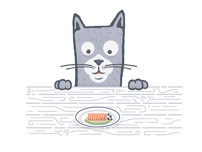 Cat cat diner food hungry illustration line salmon table wood