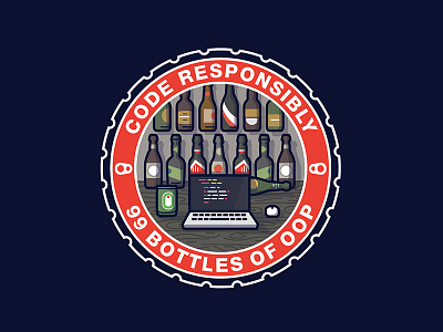 99 Bottle of OOP badge beer bottle code desk illustration lap top mac sticker table wood