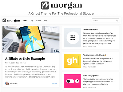 Morgan Blog Theme For Ghost blog blogger blogging clean design flat landingpage layout minimalistic theme typography ui ux web webdesign website