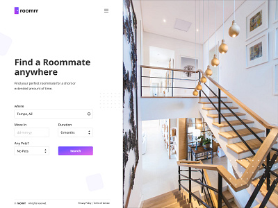 Roomrr Roommate Search Concept apartment app clean concept design flat form landingpage search ui web webdesign website