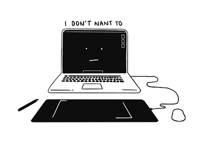 I don't want to black white cartoon computer designer face grumpy illustration laptop procreate sketch trackpad work