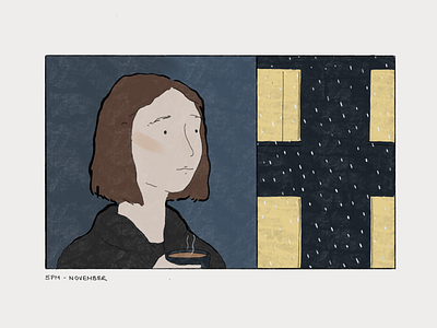 November 2022 cold dark evening female girl grey illustration procreate rain sketch tea winter
