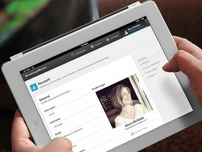 iPad account settings (right navigation) app avatar camera dashboard email fields forms interface ios ipad minimal password profile settings strategic plan strategy management ui ui design upload user interface