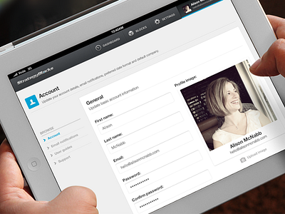 iPad account settings (left navigation) app avatar camera dashboard email fields forms interface ios ipad minimal password profile settings strategic plan strategy management ui ui design upload user interface