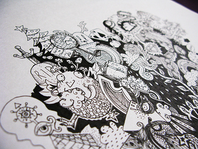 Detail of "HEAD" black character detail doodle drawing illustration ink sketch white