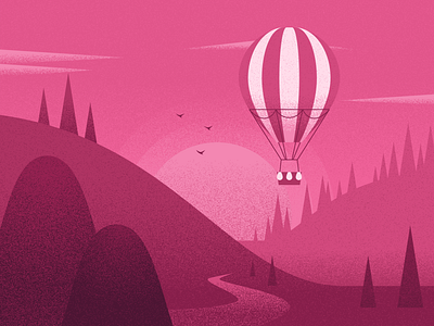 Mongolfiera adobe balloon flat design fly grain graphic design hot air balloon illustration landscape layers nature noise pink sky sun sunrise sunset texture trees vector