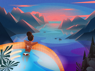 Hot Spring on the Mountain character clean dribbble flat flat design hot spring illustration illustrator lake landscape mountain nature sea sunset sunsets texture vector woman