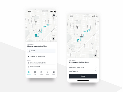 Restaurant searching experience in mobile e-commerce app black white ecommerce flat food and drink geolocation ios map mobile ordering restaurant search shop sketch suggestion ui ui design ux