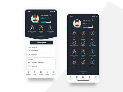 Profile with gamification achievement app black white design ecommerce flat food and drink gamification graphic ios mobile ordering profile restaurant shop ui ux