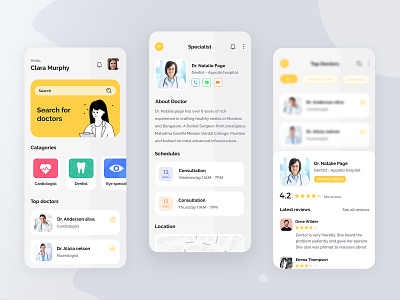 health plus - doctors consultation app 2020 trend adobexd android android app design bright colors doctor doctor profile health icons illustrator ios listing medical minimal ui uiux user experiance user interface ux