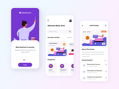 eduhome - online learning app 2020 trend adobexd android android app design clean course design design a day education app educational home icons illustration illustrator inspiration ios photoshop ui ux