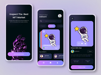 NFT Market App Design. android app clean app design crypto currency dark mode etherium fintech fresh app design inspiartion interface ios app marketplace mobile app design nft app pro app designer pro designer trend design ui design ui designer uiux ux design