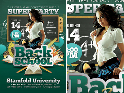 Back To School Super University Party books chalk chalkboard club college event flyer grade mark music night party ruler school school girl student theme themed university work