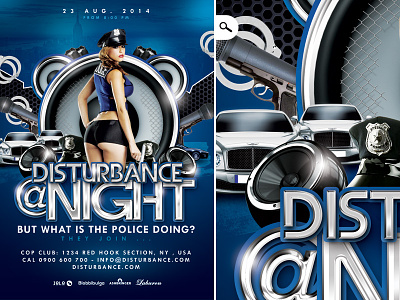 Max Volume Disturbance At Night bar club cop cosplay discotheque event flyer handcuffs night party police police woman print sexy sound speaker stripper theme themed volume