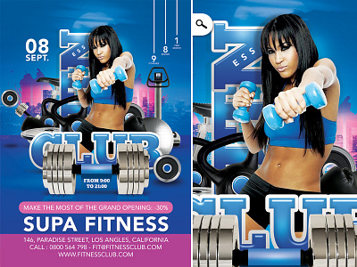 Flyer Super Modern Fitness Club Advertising Opening body club coach dumbbells equipment event exercice fitness flyer gym music opening personal trainer shape trainer training weights