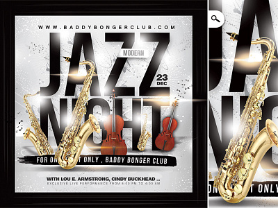 Jazz Night Flyer bar evening event flyer instruments jazz music night nightclub saxophone sound violin