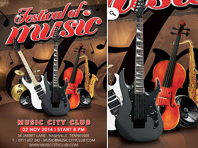 Festival Or Concert Of Music In Club band club concert fest festival flyer instruments music party performance sound template