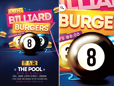 Billiard Burgers Pool Flyer bar billiard burgers club dj entertainment flyer game night out party pool youngsters
