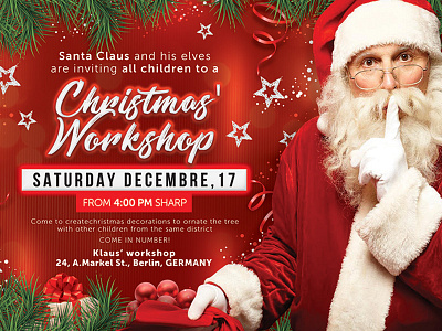 Santa Claus Christmas Workshop Flyer card celebration christmas club flyer market party santa santa claus tree workshop xmas