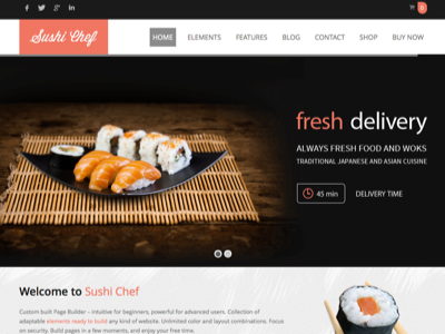 SUSHI Food delivery WordPress Theme blog customizable elements drag and drop multilingual multipurpose page builder presentation responsive theme translated woocommerce wordpress