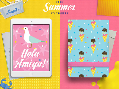 Summer Stationery Seagull & Ice Cream beach crab ice cream icon icons pink style guide yellow