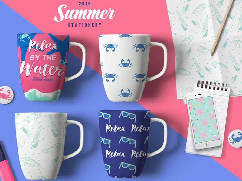 Summer Stationery Mugs mockup illustration brand identity brand style guide layout design beach summer icons