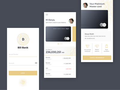 Bill Bank app app bank brand identity branding card creditcard dailyui design gold icons login logo money profile ui