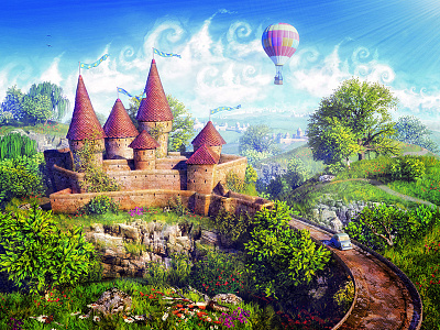 Fairy Tale//Danone 3d alekscg balloon castle clouds danone fairy tale flowers green kuskov render