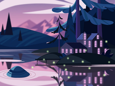 Lake house in the evening illustration landscape purple vector violet