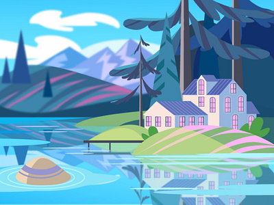 Summer day at the lake house illustration landscape summer vector