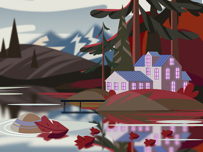 Autumn at the lake house autumn illustration landscape red vector