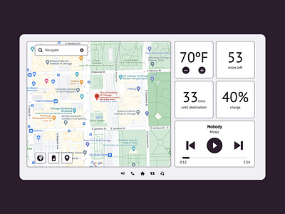 Day 34 - Car Interface battery branding car charge dailyui dailyuichallenge dashboard design distance electric energy graphic design location map music product design temperature ui user interface view