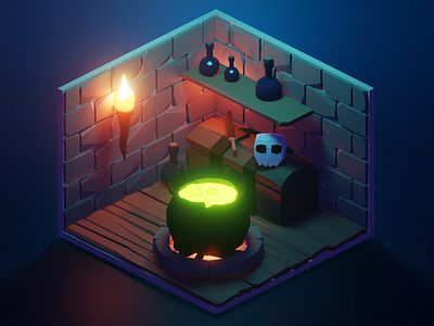 Witch brew 3d 3d modeling blender brew cauldron chest game design halloween low poly magic magic room potion skull sword torch witch