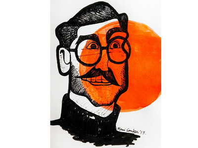Expression adult artwork black caricature human illustration mustache orange painting print red sketchbook specs