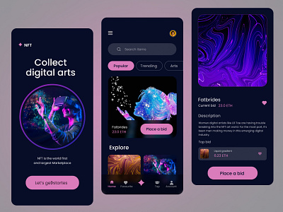 NFT Marketplace App auction blockchain crypto cryptocurrency cyptoart digital art fintech hologram ios app marketplace minimal mobile app ui nft nft market app nft marketplace platform trend ui design ui ux design wallet