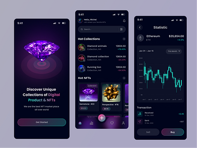 NFT Marketplace - Mobile App app ui bitcoin blockchain blockchain nft chart crypto crypto wallet cryptocurrency finance marketplace metaverse minimal mobile app nft nft collections statistic ui design uiux ux design web design