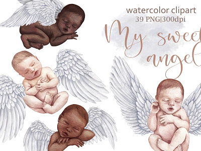 Watercolor newborn angel babies