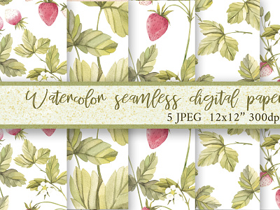 Watercolor strawberry seamless pattern pack