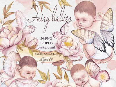 Watercolor fairy baby baby boho botanical clipart design fairy flowers illustration illustrator logo newborn pregnancy rose gold set watercolor