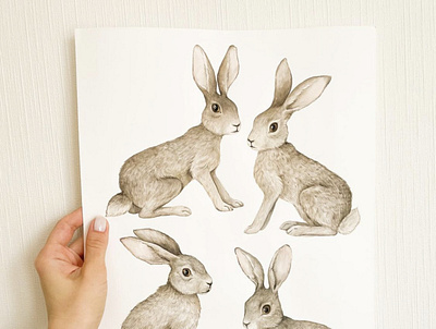 Watercolor realistic hares animals boho bunny easter design hare illustrator natural poster boho rabbit realistic watercolor zoo