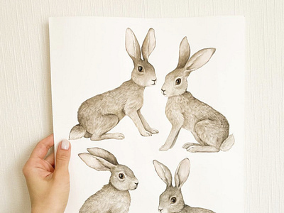 Watercolor realistic hares