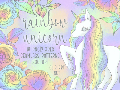 Rainbow unicorn clipart bundle branding clipart design fairy illustration leaves logo magic peonies rainbow tatto unicorn