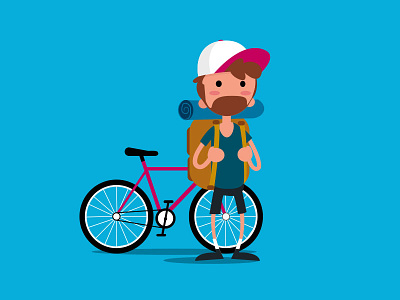 Let's ride backpack beard bike character flat design hipster illustration travel vector