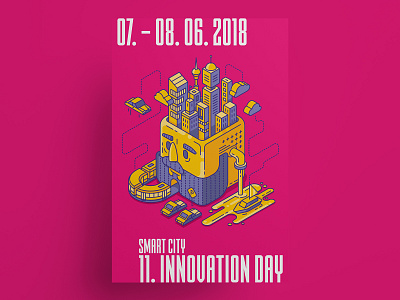 Smart City Poster beard car character city cloud data future head infrastructure innovation isometric isometry line smart tram