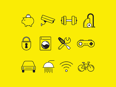 Line icon set - accommodation amenities bicycle car cctv controller dumbbells laundry line icons piggy bank shower simplistic vacuum wifi