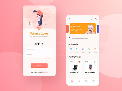 Baby Products App app baby design e commerce family love login medical mob mobile mother pink products store ui ux