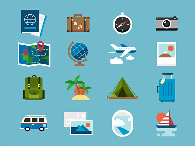Travel Icons airplane bag camera camp compass flaticons icons luggage map passport sailboat suitcase summer travel vacation van world