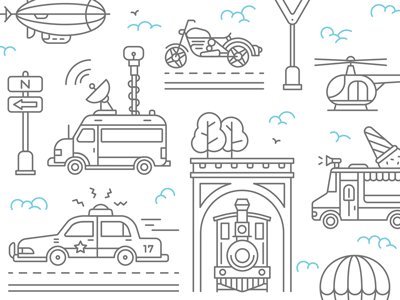 Transportation blimp helicopter hot air balloon ice cream truck illustration line art motorcycle news truck police car train transportation vector